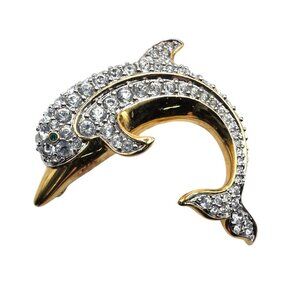 Dolphin Brooch swarovski crystal Gold-Tone Green Eyes ocean animal jewelry